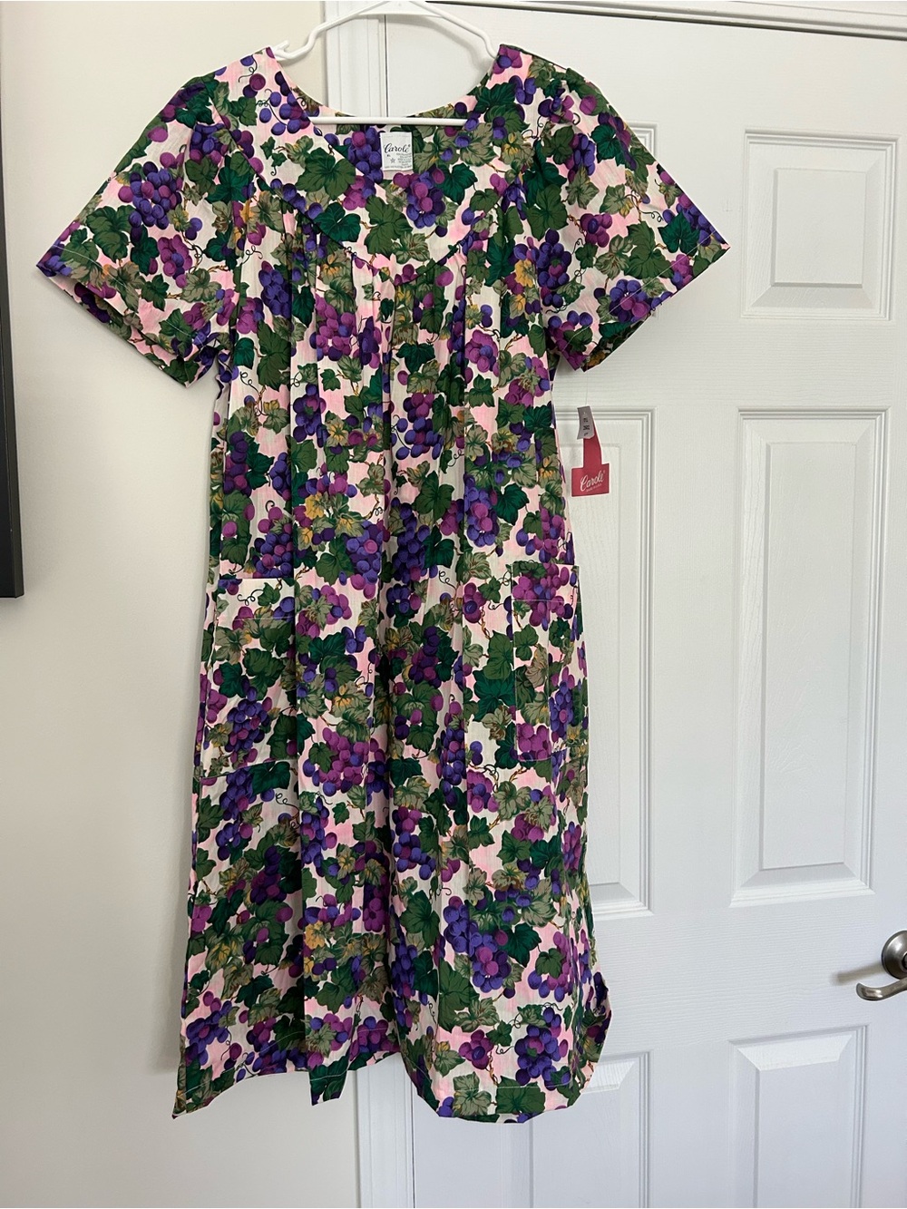 Carole Vintage all cotton Pink House Dress with Purple Grape & Green Leaf Motif